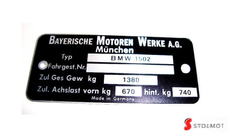 BMW 1502 TABLICZKA ZNAMIONOWA BMW 1502 TABLICZKA ZNAMIONOWA
