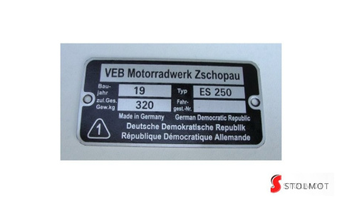 MZ ES 250 JASKÓŁKA TABLICZKA ZNAMIONOWA MZ ES 250 JASKÓŁKA TABLICZKA ZNAMIONOWA