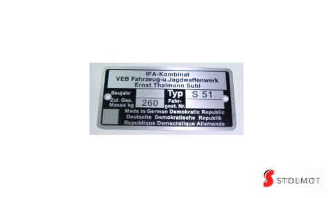 TABLICZKA ZNAMIONOWA SIMSON S51 ENDURO TABLICZKA ZNAMIONOWA SIMSON S51 ENDURO