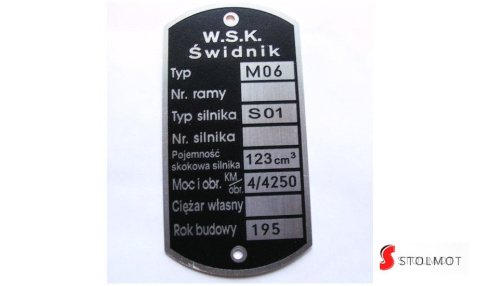 TABLICZKA ZNAMIONOWA WSK M06B STARY TYP 195 TABLICZKA ZNAMIONOWA WSK M06B STARY TYP 195
