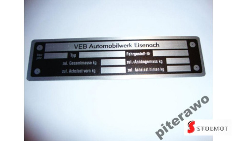 WARTBURG 311 / 312 / 353 UNIWERSALNA TABLICZKA ZNAMIONOWA WARTBURG 311 / 312 / 353 UNIWERSALNA TABLICZKA ZNAMIONOWA