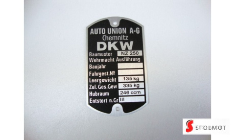 TABLICZKA ZNAMIONOWA DKW NZ 250 TABLICZKA ZNAMIONOWA DKW NZ 250