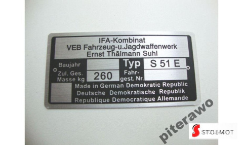 TABLICZKA ZNAMIONOWA SIMSON S51 E TABLICZKA ZNAMIONOWA SIMSON S51 E