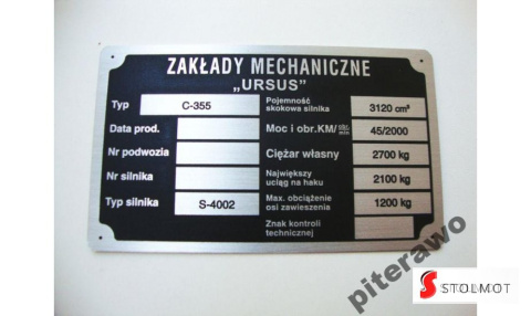 URSUS C 355 TABLICZKA ZNAMIONOWA URSUS C 355 TABLICZKA ZNAMIONOWA