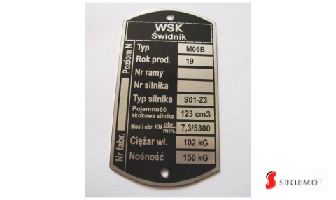 TABLICZKA ZNAMIONOWA WSK 125 M06B TABLICZKA ZNAMIONOWA WSK 125 M06B